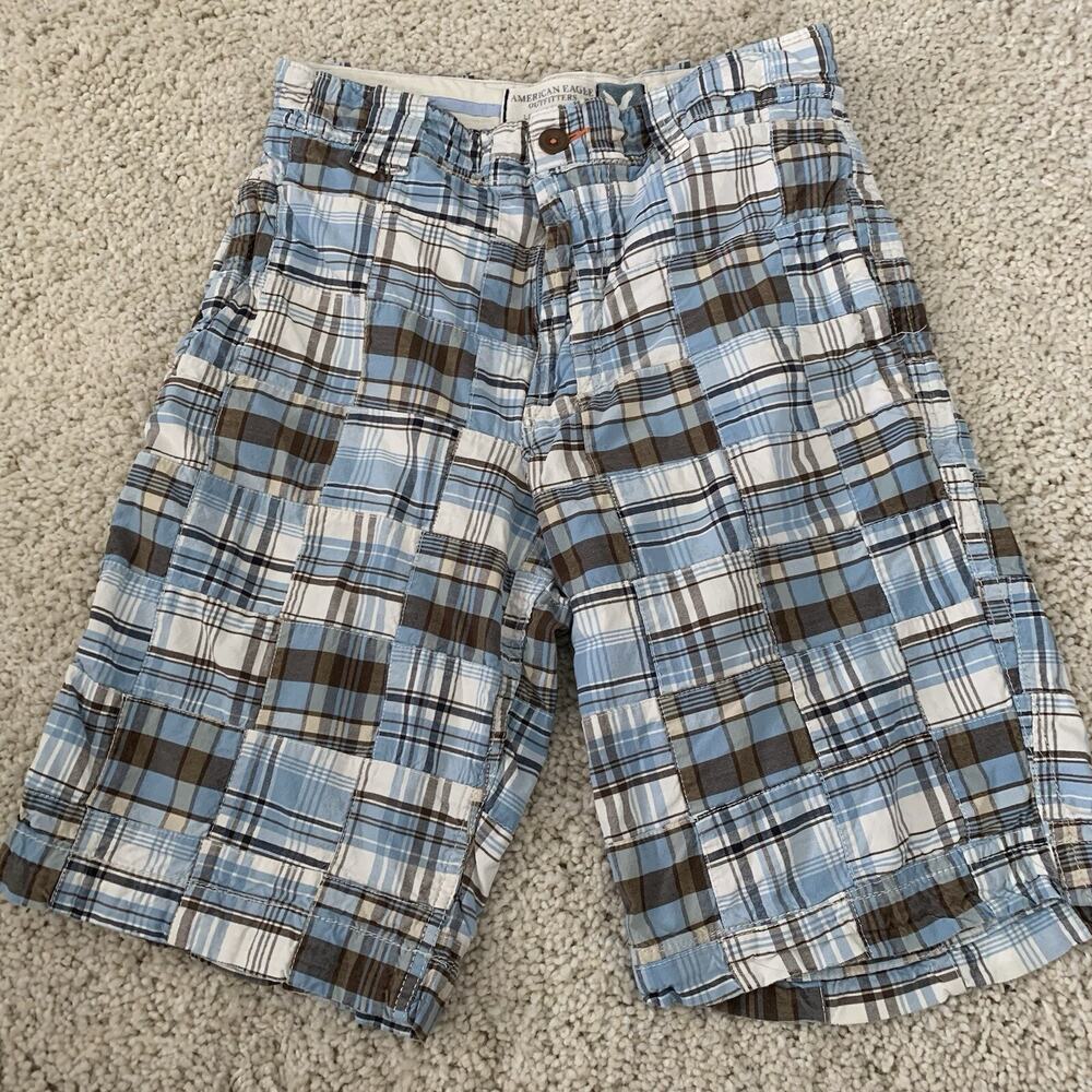 American Eagle Patchwork Shorts Mens 28 Blue Brown Longer Length Skater Preppy